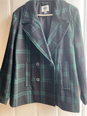 Old Navy Blue  and Green Plaid Double-Breasted Peacoat